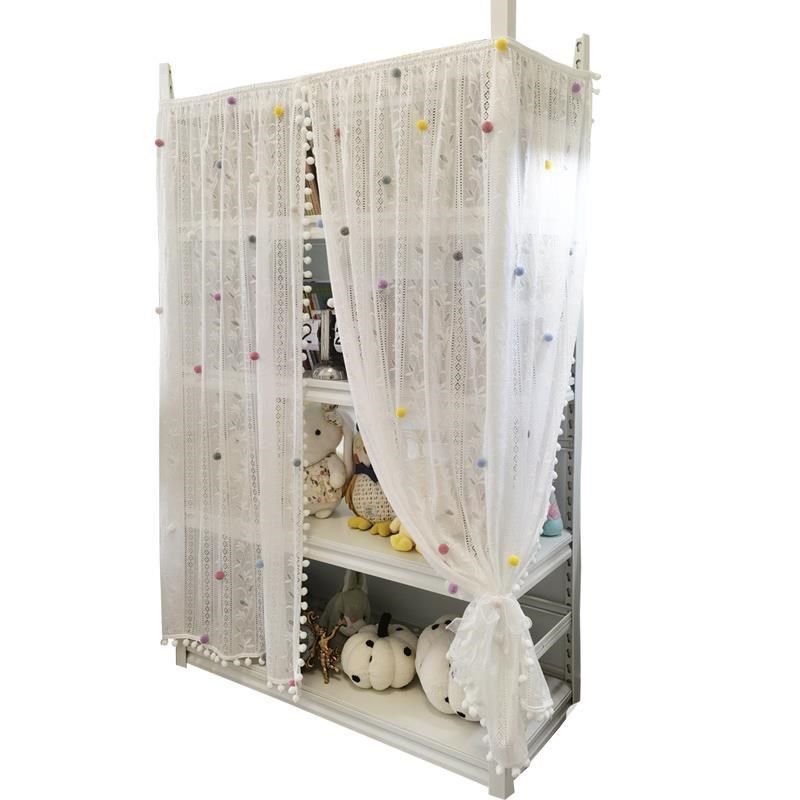 新款毛球绒球蕾丝纱帘柜帘书架鞋架货架J遮挡帘电视柜.帘梦幻帘自