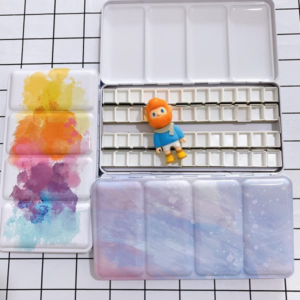 12 24色 48格水彩颜料分装水彩收纳盒带卡槽平底彩色三折铁盒盒子