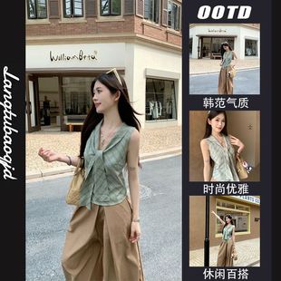 上衣女夏外穿设计感别致气质收腰短款 绿色格纹披肩v领无袖 小背心