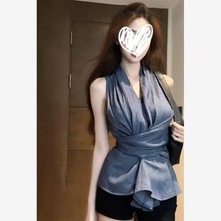 性感純欲氣質(zhì)掛脖V領(lǐng)襯衫 新款 洋氣百搭無(wú)袖 上衣 不規(guī)則背心女夏季