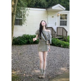 連衣裙女2025新款 灰色運動套裝 超火夏日絕美多巴穿搭小裙子包臀裙