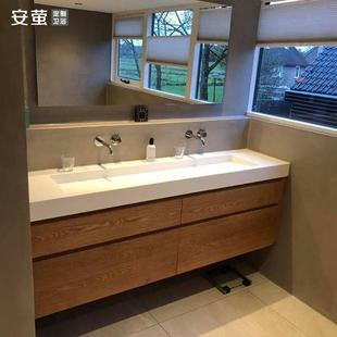 原木色洗手脸池一体双盆组合卫生间定制轻奢洗漱台 岩板浴室柜日式