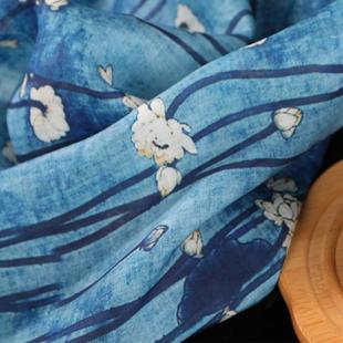 面料旗袍汉服复古布料 布久以逅麻料苎麻印花连衣裙袍子衬衫 若兰