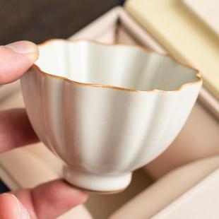 米黄汝窑主人杯单杯陶瓷品茗杯茶盏开片可养复古品茗杯高端茶杯