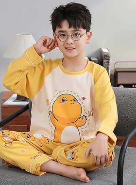 男童睡衣儿童春秋季女孩长袖薄款纯棉家居服套装卡通奶龙空调服夏