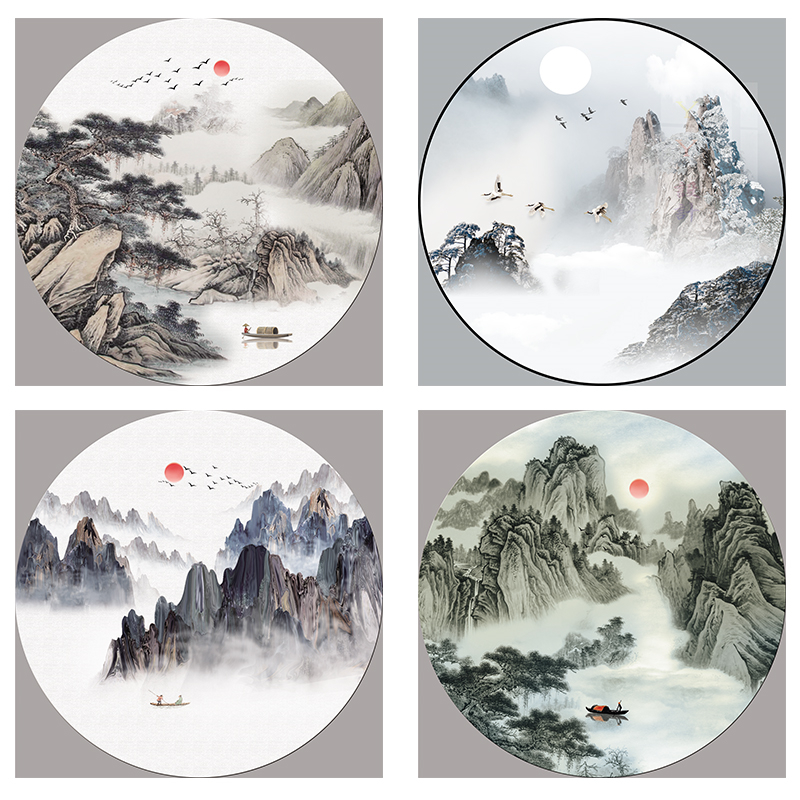 中式圆形水墨山水风景挂画富春山居迎客松客厅书房墙画背胶布画