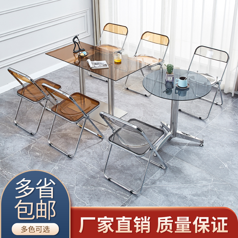 餐桌不锈钢透明升降阳台悬浮椅子圆玻璃商用工业风桌椅亚克力桌子