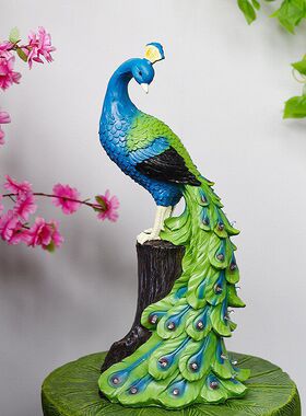 跨境新款太阳能灯仿真孔雀摆件家居花园阳台树脂工艺孔雀装饰品
