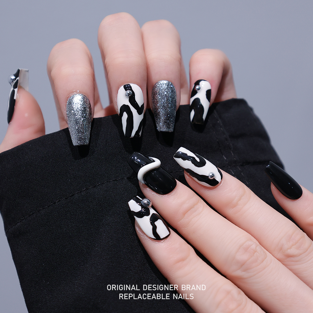 再变 入夜彩绘美甲纯手工豹纹穿戴甲黑白搭配高级百搭款短梯ZB66