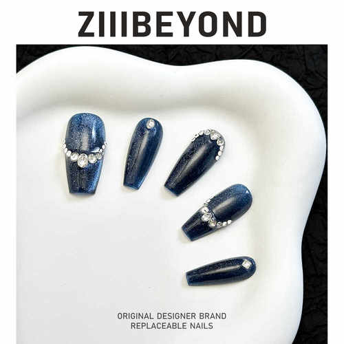 再变 夜魅纯手工带钻蓝色穿戴甲深蓝色猫眼碎钻镶嵌美甲中梯ZB167