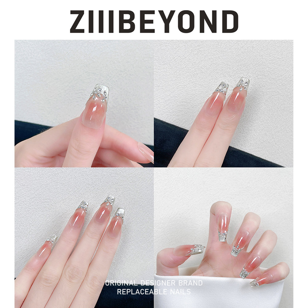 再变 任敏春晚同款美甲柔情蜜意纯手工穿戴甲粉色法式中梯ZB185