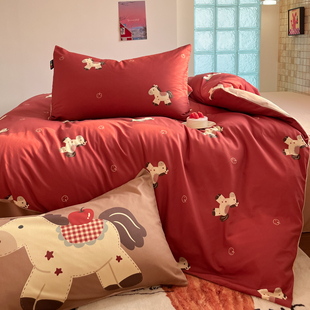 2026新款马年新年红色可爱小马全棉四件套纯棉被套床单床笠三件套