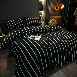 夜柔简约条纹床上四件套全棉床笠床单被套单人床三件套北欧风条纹
