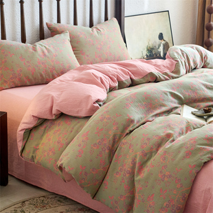 新款双层纱全棉四件套纯棉水洗棉床单床笠被套复古风床上用品套件