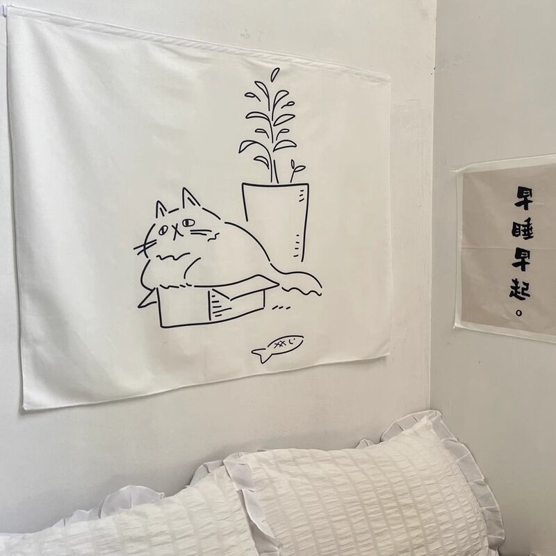 ins少女宿舍床头背景布早上好猫咪挂布网红房间卧室墙布装饰