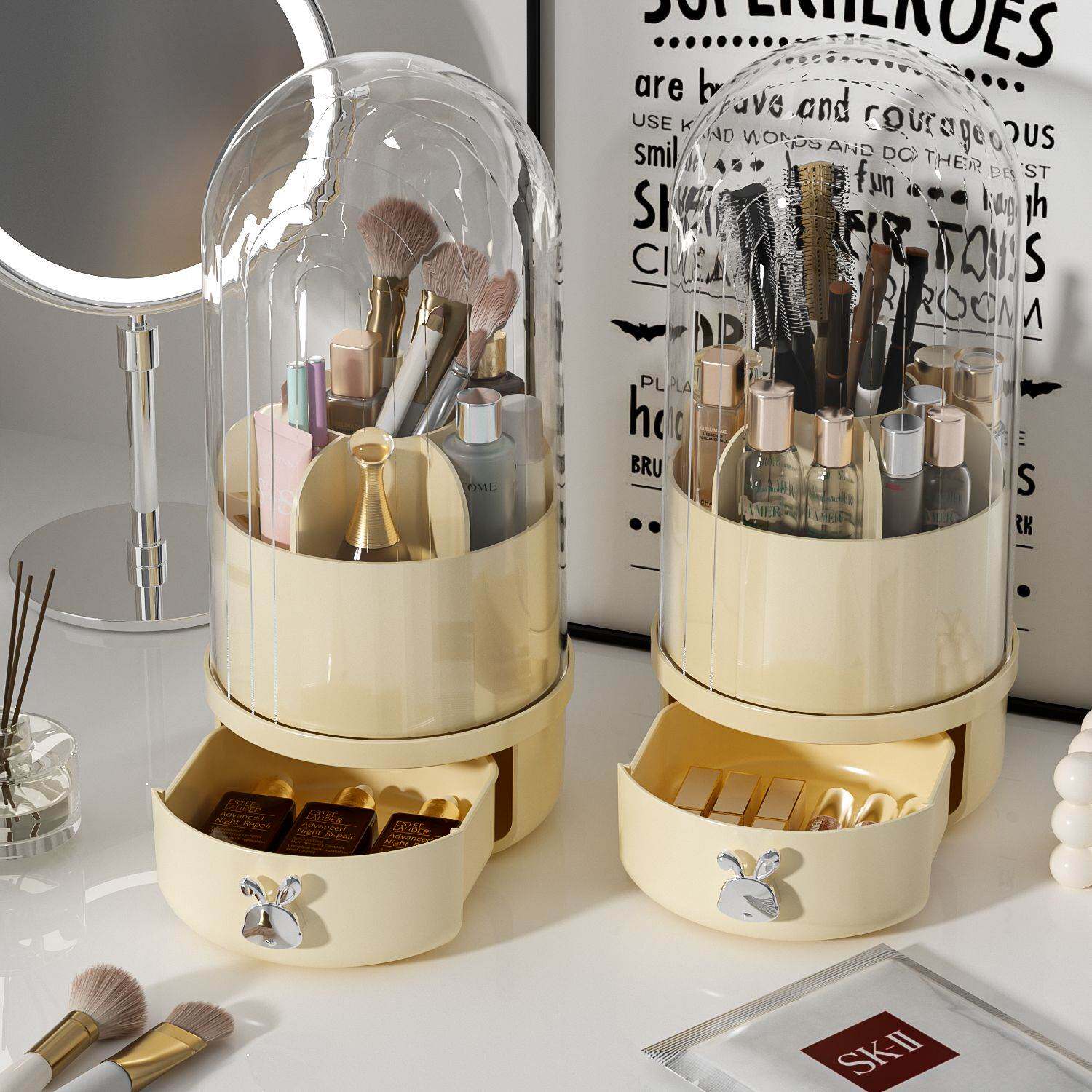 旋转带盖防尘化妆品收纳盒梳妆台桌面口红眼影笔刷一体式置物盒