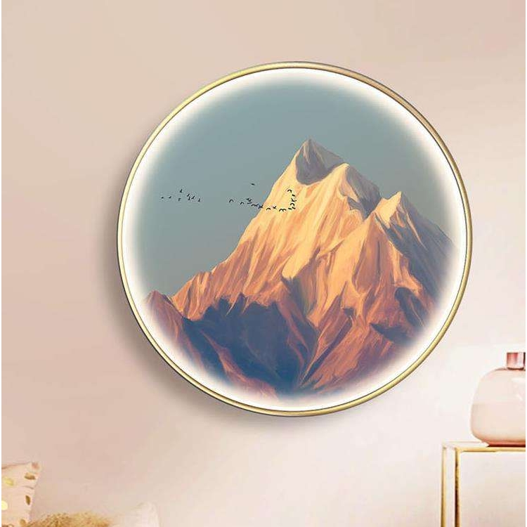 现代轻奢风景客厅卧室插画北欧金山日出飞鸟入户玄关圆形装饰画图片