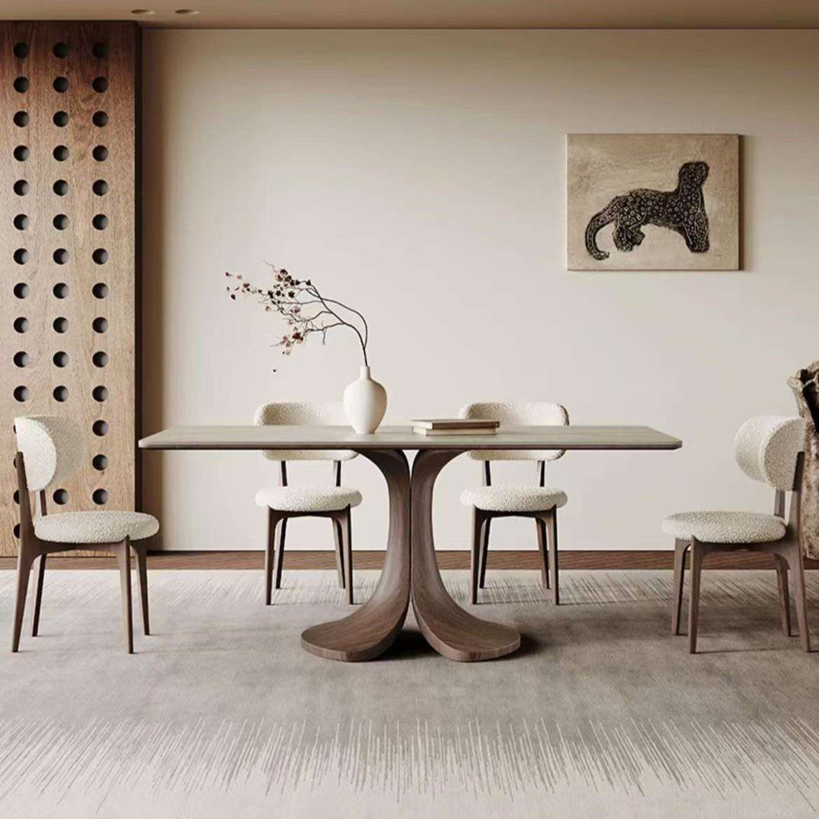 中古风实木餐桌长方形现代简约胡桃色全托底板哑光洞石岩板餐桌椅