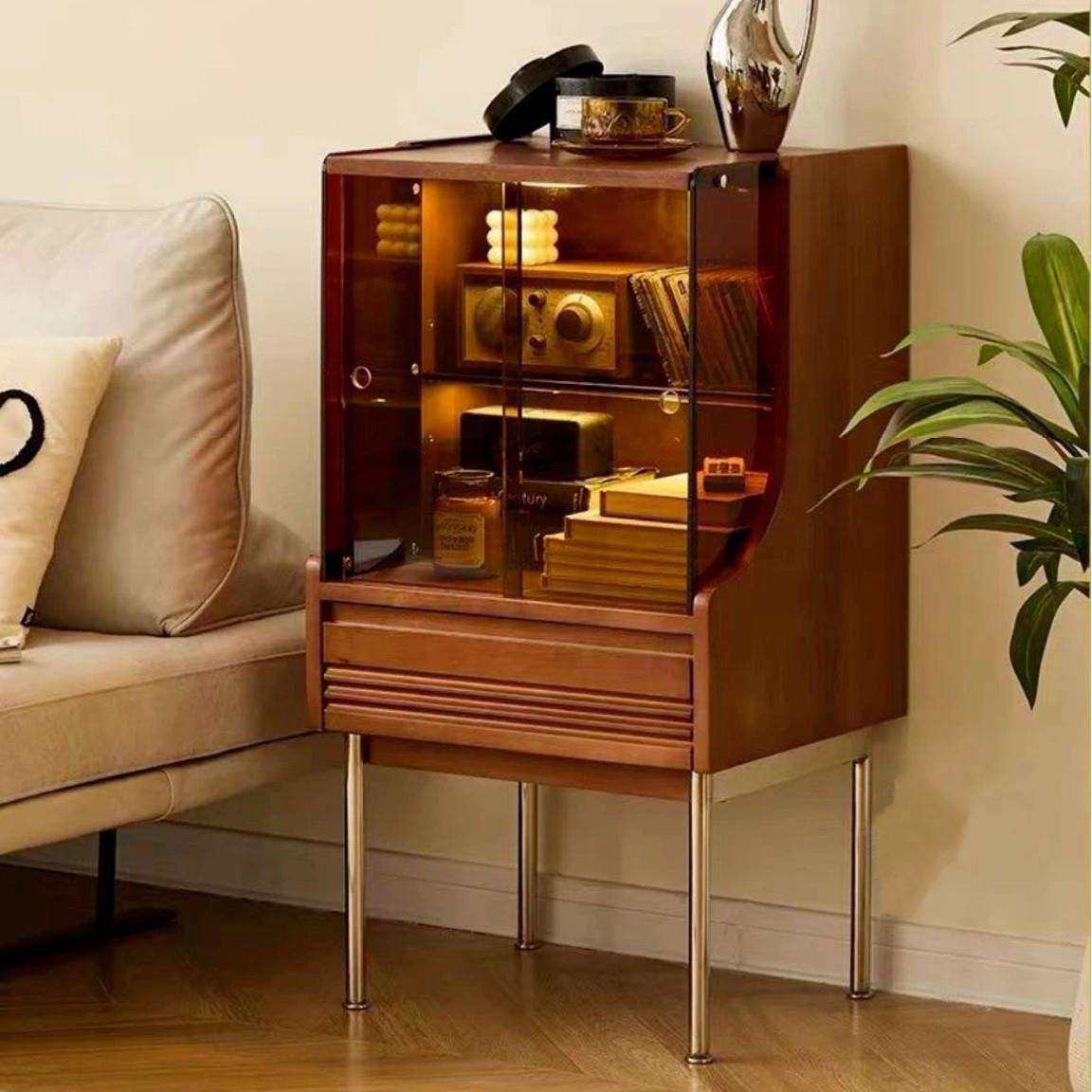 北欧实木书柜简约客厅沙发电视柜边柜小户型复古玻璃展示柜储物柜