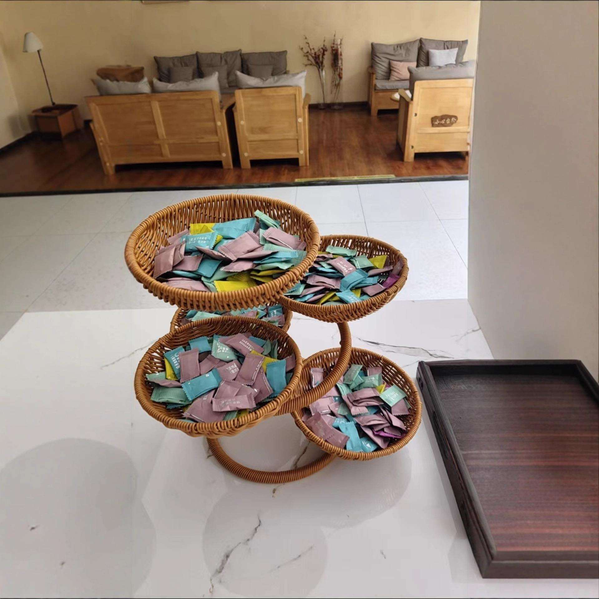 仿藤手工编织篮子水果篮桌面点心架厨房台面置物架多层三层水果盘