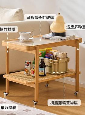 日式移动沙发边几客厅玻璃小茶几创意角几边柜小方桌藤编置物架子
