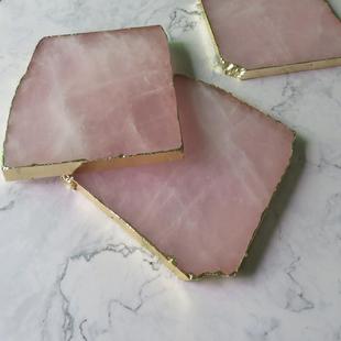 北欧轻奢自然大理石托盘粉晶金边不规则首饰收纳盘甜品餐盘摆件