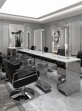 理发店网红款带柜单双面镜台美发店简约带灯烫染镜发廊剪发圆镜子