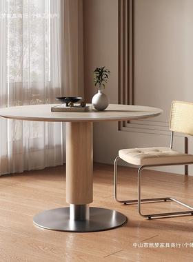简约原木风洞石岩板小圆桌餐桌家用小户型圆形饭桌设计师桌子实木