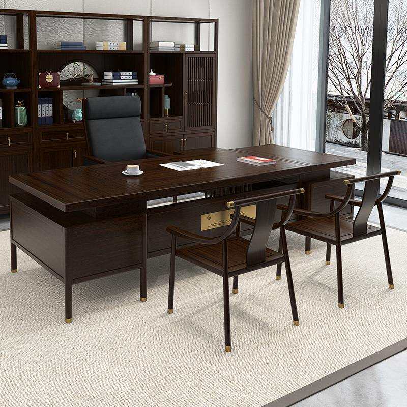 新中式办公桌轻奢实木大班台总裁老板桌椅书柜组合办公室家具现货