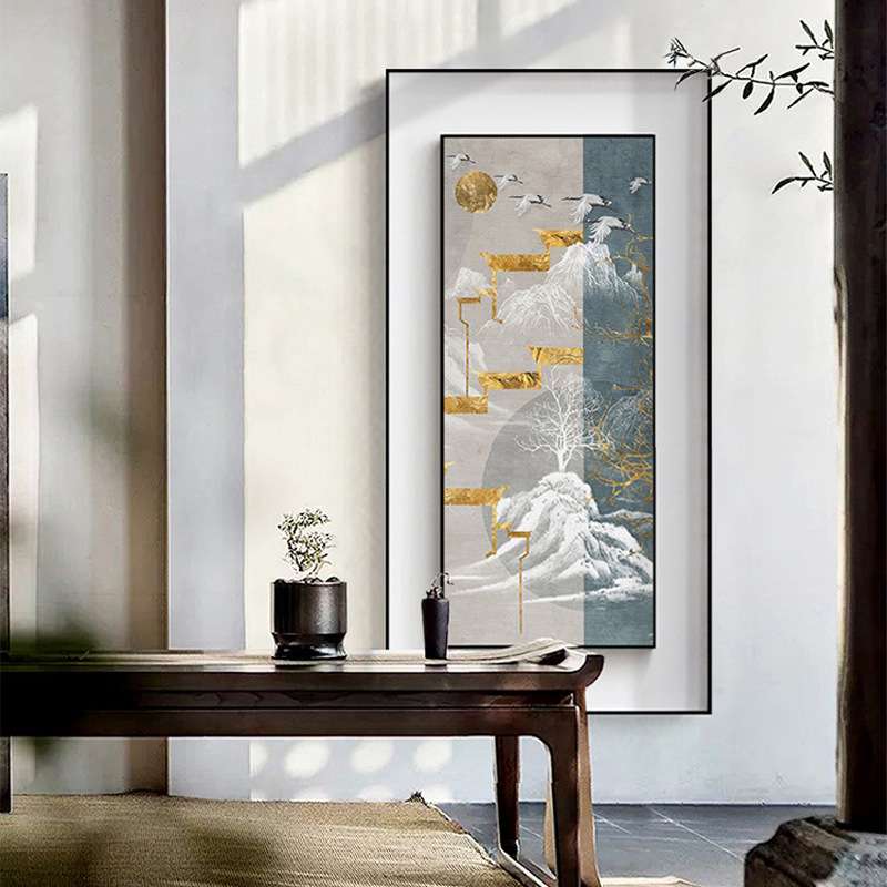 新中式玄关装饰画入户建筑挂画竖版走廊尽头壁画双框装裱立体墙画图片
