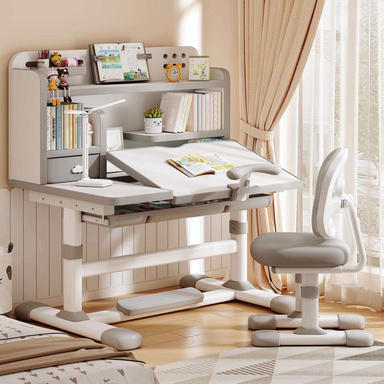 儿童学习桌课桌可升降书桌书柜一体组合小学生写字桌桌子椅子套装