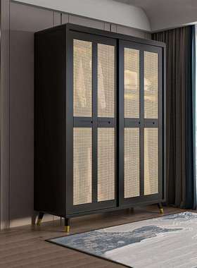 藤编衣柜实木日式简易收纳柜两门衣橱复古民宿家用卧室推拉门衣柜