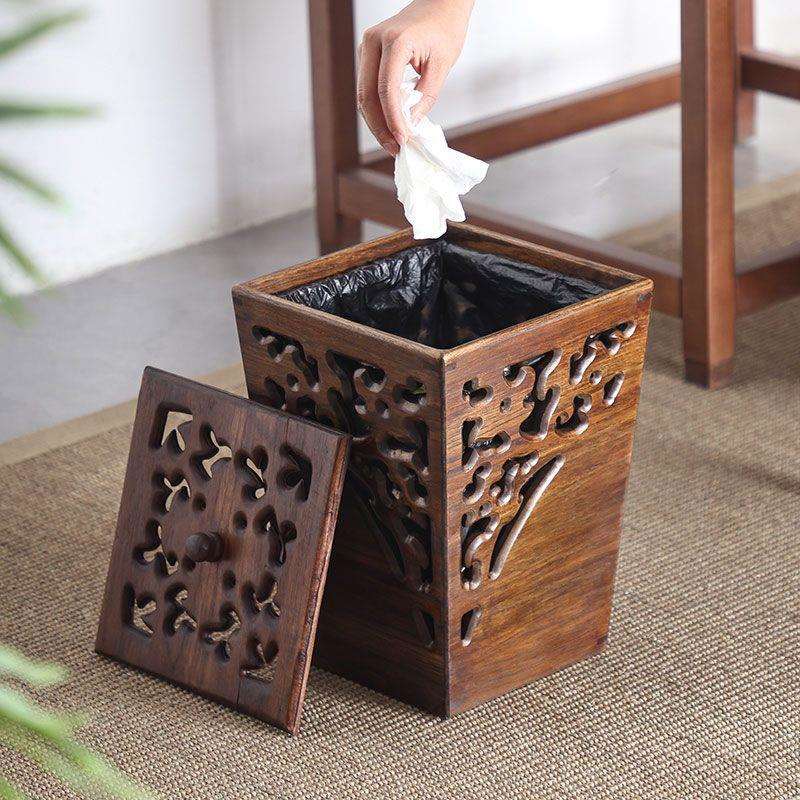 异丽复古创意客厅卧室木质垃圾桶家用厕所厨房新中式实木纸篓带盖