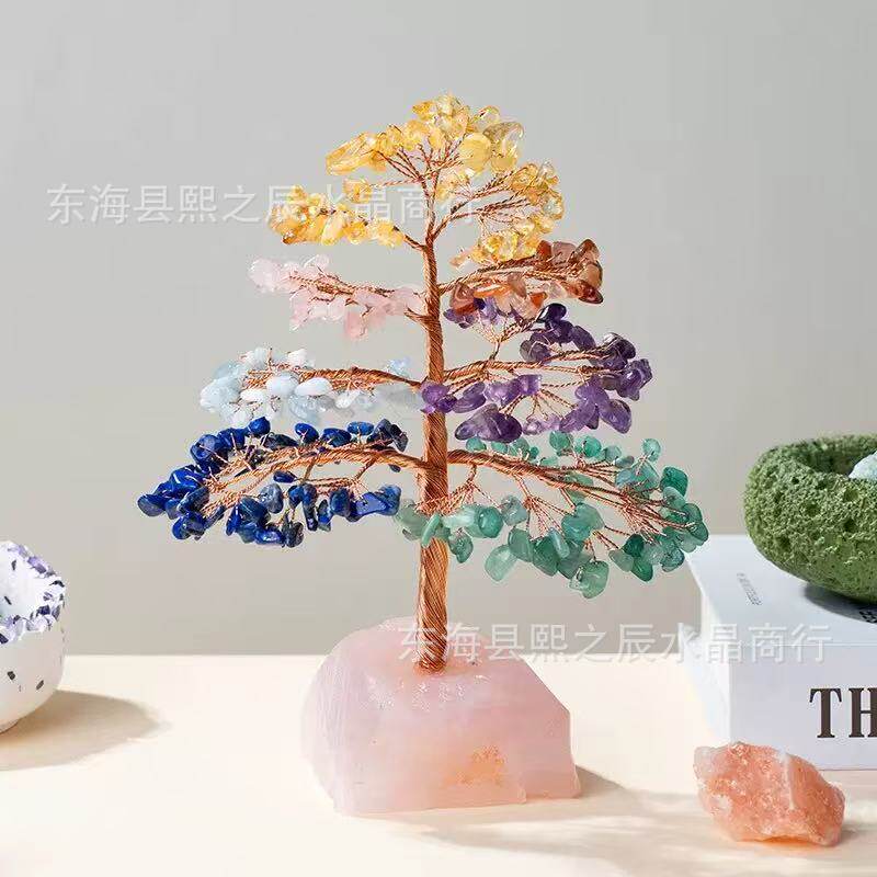 天然水晶发财树七彩碎石生命树粉水晶原石底座桌面装饰水晶树摆件