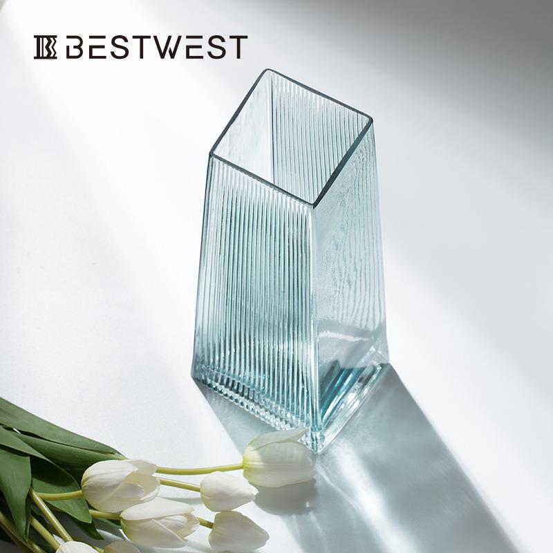 Bestwest几何玻璃透明水培小清新花瓶摆件客厅家居桌面装饰品