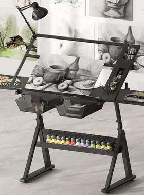 钢化玻璃双副板绘图桌手摇可升降画画美术设计师工作台桌子画架