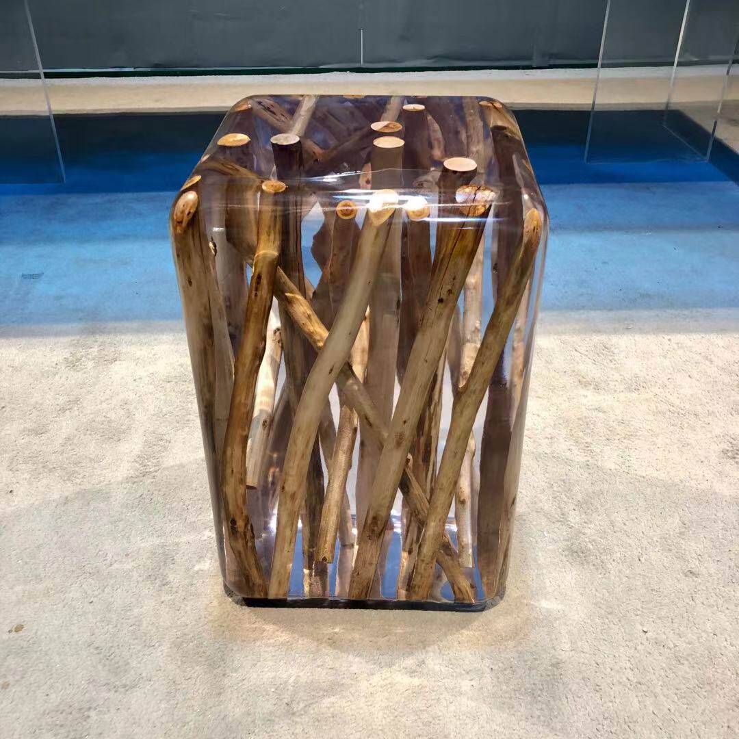 现代轻奢水晶亚克力树脂凳子树枝原木木墩展厅客厅软装摆件