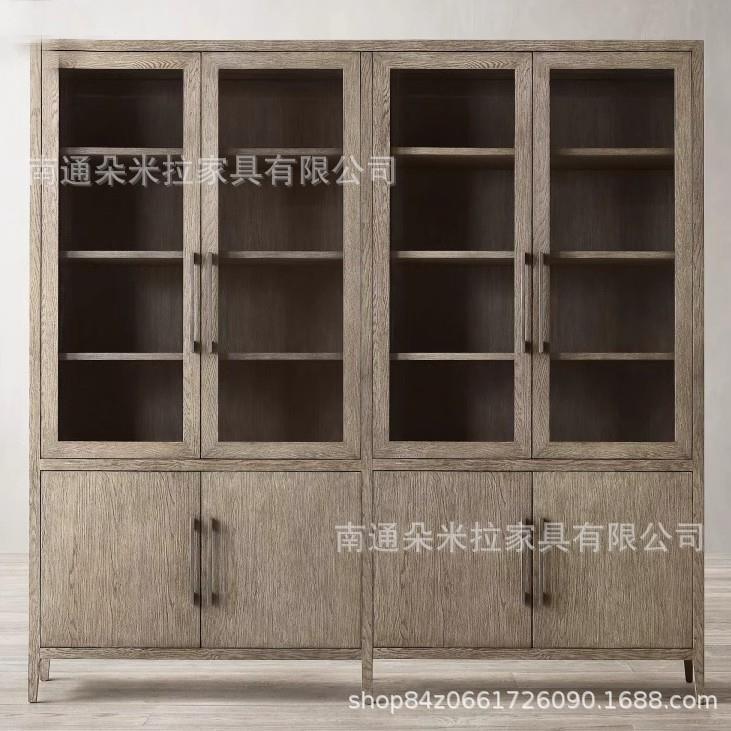 美式实木书柜高端乡村复古餐边柜客厅收纳储物柜做旧单双组书橱