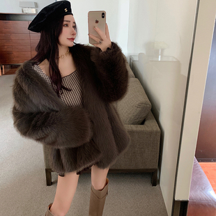 实拍 冬季韩版宽松中长款V领大气毛绒外套气质仿狐狸毛皮草大衣女