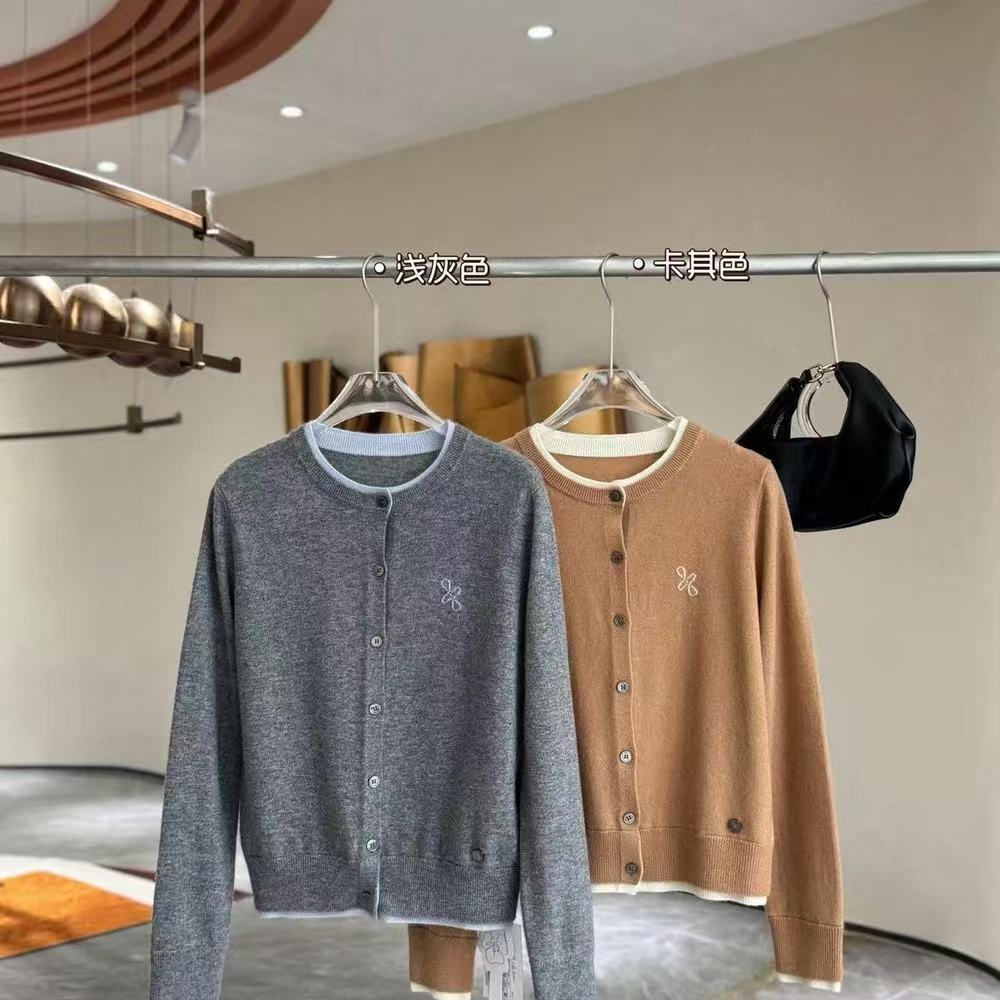 M4326纤  毛衣撞色拼接圆领针织新款开衫蝴蝶结刺绣减龄上衣