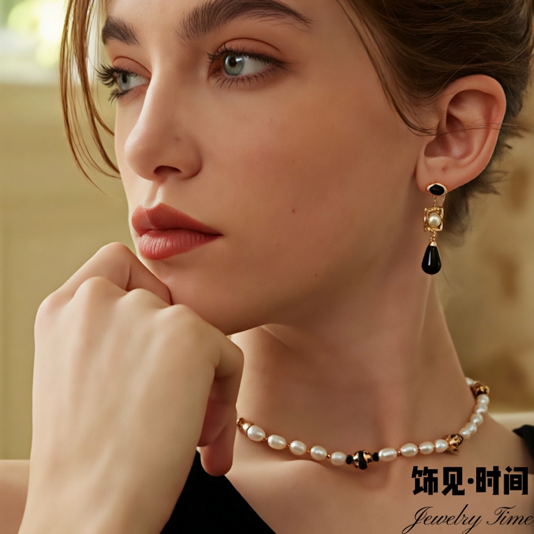 法式复古小众天然珍珠黑玛瑙长款耳环女s925纯银高级感耳坠耳饰品