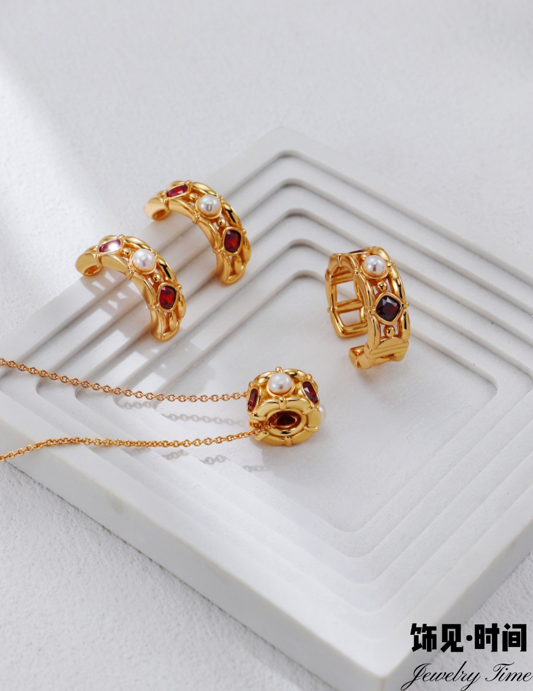 宫廷复古红锆石天然珍珠项链耳环轻奢小众高级感戒指新年节日礼物
