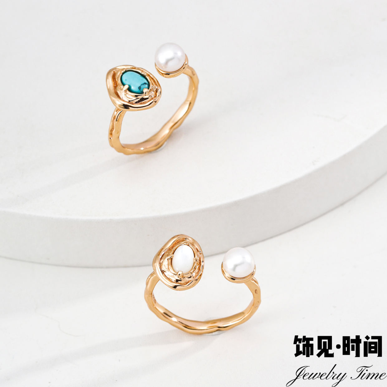 新中式蓝松石白贝天然珍珠戒指复古高级感食指戒开口不掉色指环女