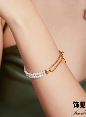 新款ins复古个性高级感天然珍珠拼接多层叠戴手链女OT扣小众手镯