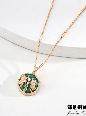 欧美复古孔雀石翅膀弓箭项链小众高级感轻奢锁骨链18K金颈链秋冬