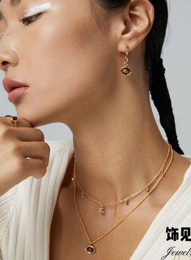 法式宫廷复古虎眼石孔雀石耳环女小众轻奢高级感耳扣气质时尚项链