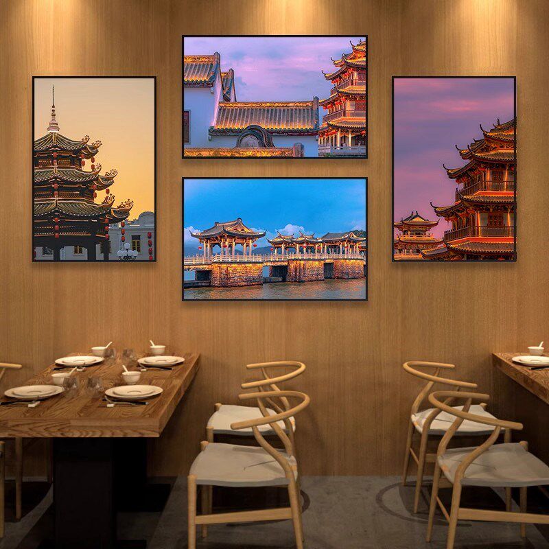 潮汕文化a建筑风景装饰画汕头火锅店牛肉店挂画潮州夜景小吃店壁