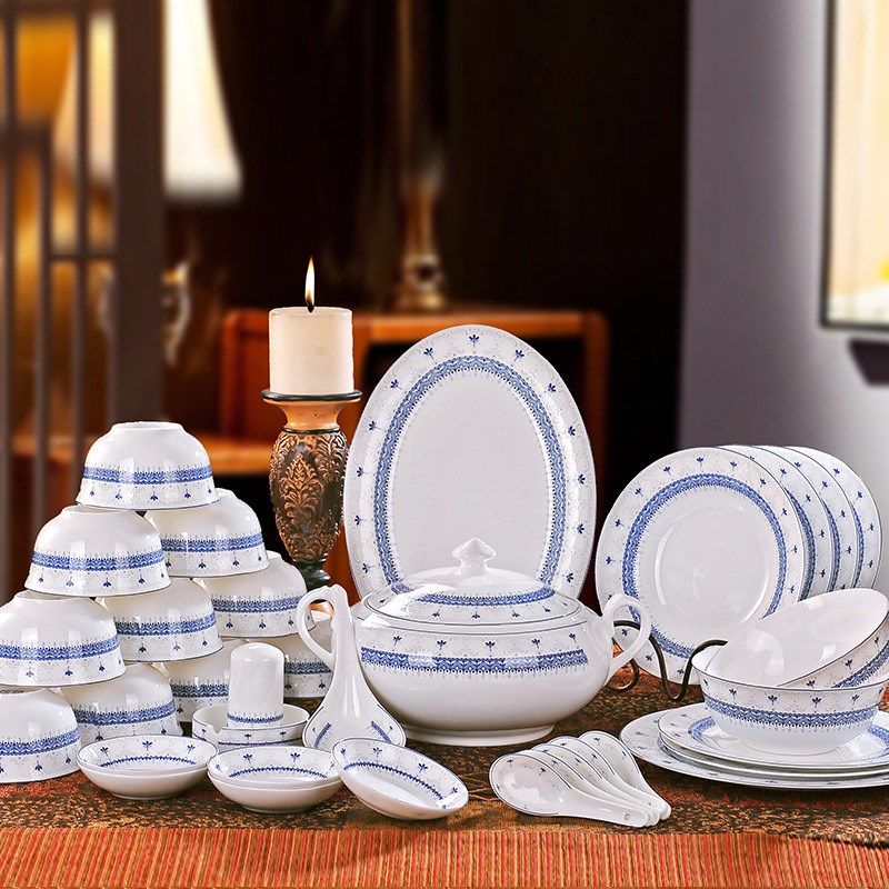 景德镇58头中式釉中彩青y花骨瓷餐具碗碟盘套装家用商务,餐饮具,餐具瓷器套装,淘宝优惠券,粉丝福利购,淘宝优惠卷