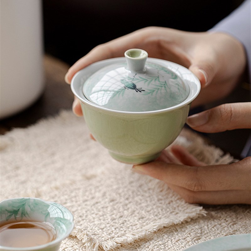 果绿手绘釉下g彩陶盖碗功夫茶套装柳影盈盈茶碗彷古泥岩茶碗