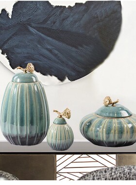 新中式南瓜罐绿色陶瓷摆件样板房软装客厅玄关P桌面莲蓬家居装饰